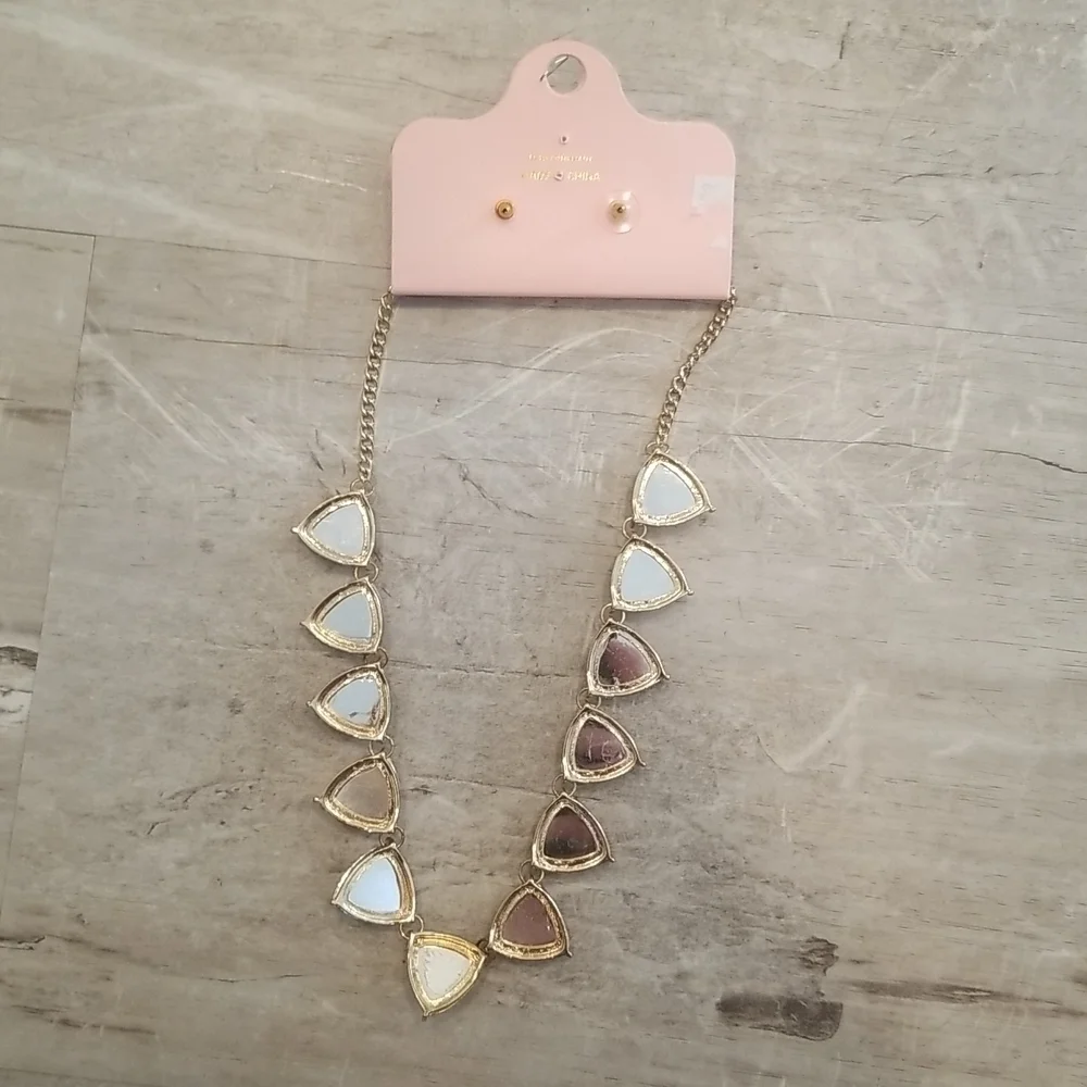 💕PEACH💕 Matching Necklace and Earring Set ~ Gold Chain Beige Pink Stones NWT